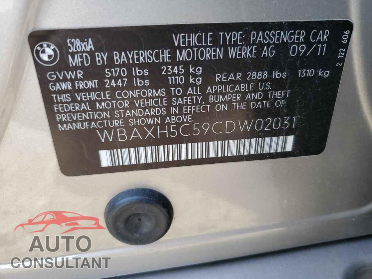 BMW 5 SERIES 2012 - WBAXH5C59CDW02031