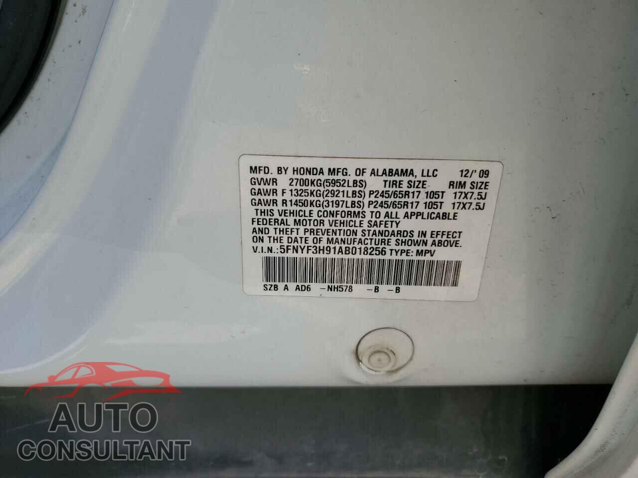 HONDA PILOT 2010 - 5FNYF3H91AB018256