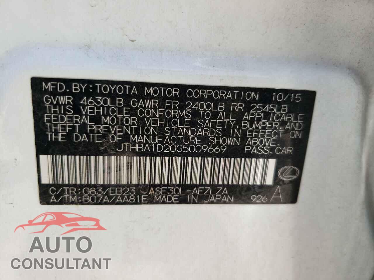 LEXUS IS 2016 - JTHBA1D20G5009669