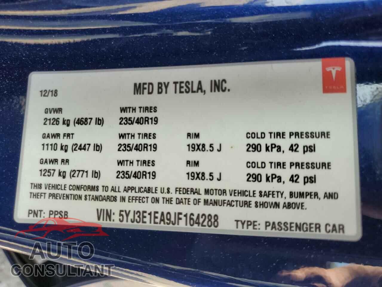 TESLA MODEL 3 2018 - 5YJ3E1EA9JF164288