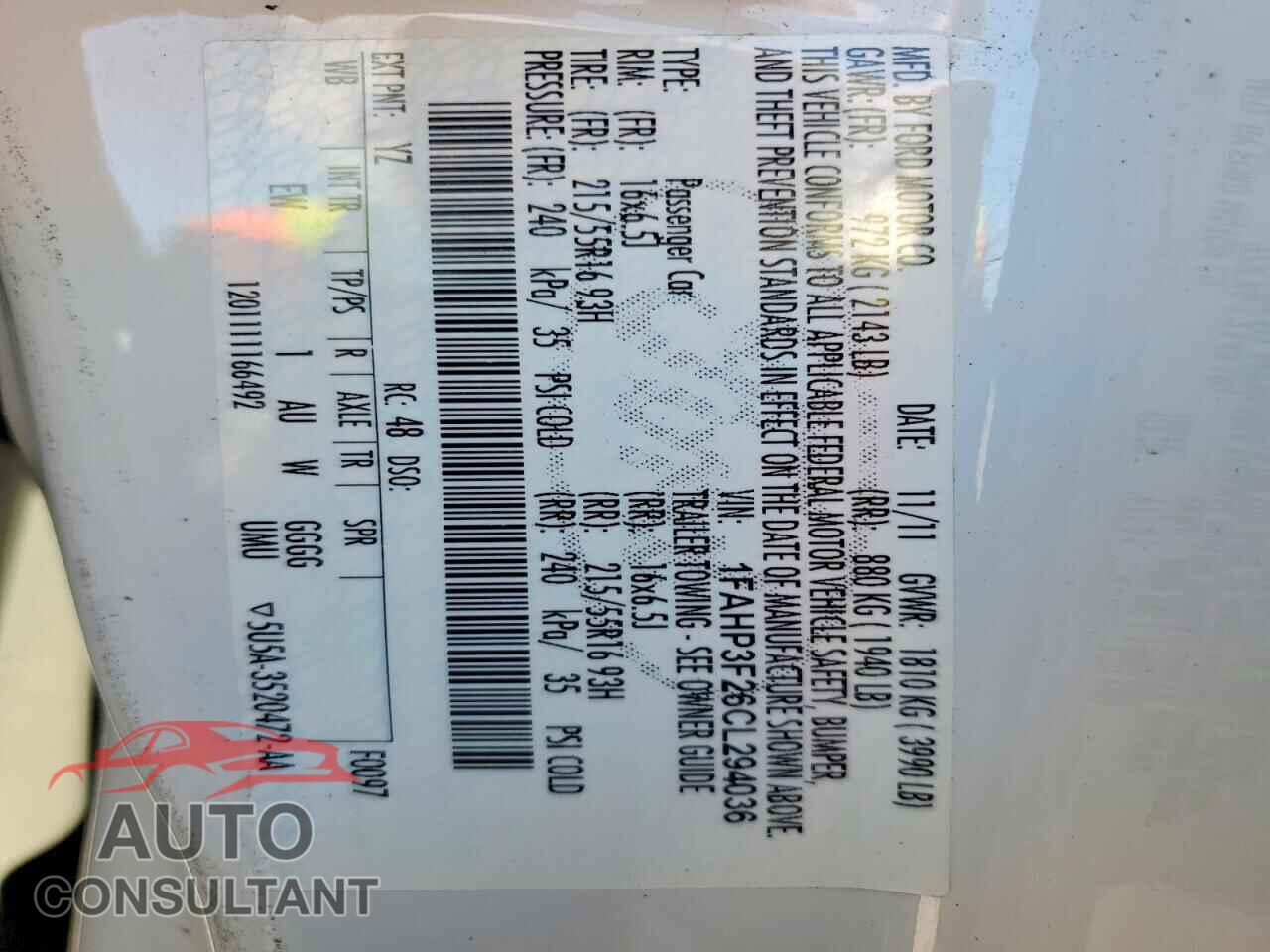 FORD FOCUS 2012 - 1FAHP3F26CL294036