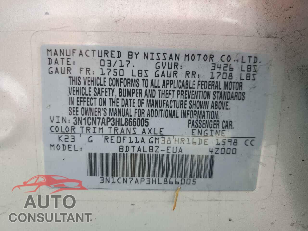 NISSAN VERSA 2017 - 3N1CN7AP3HL866005