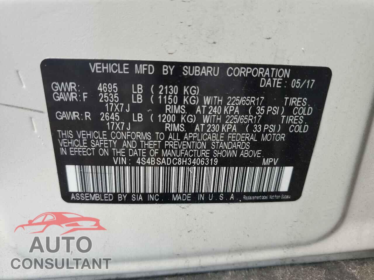 SUBARU OUTBACK 2017 - 4S4BSADC8H3406319