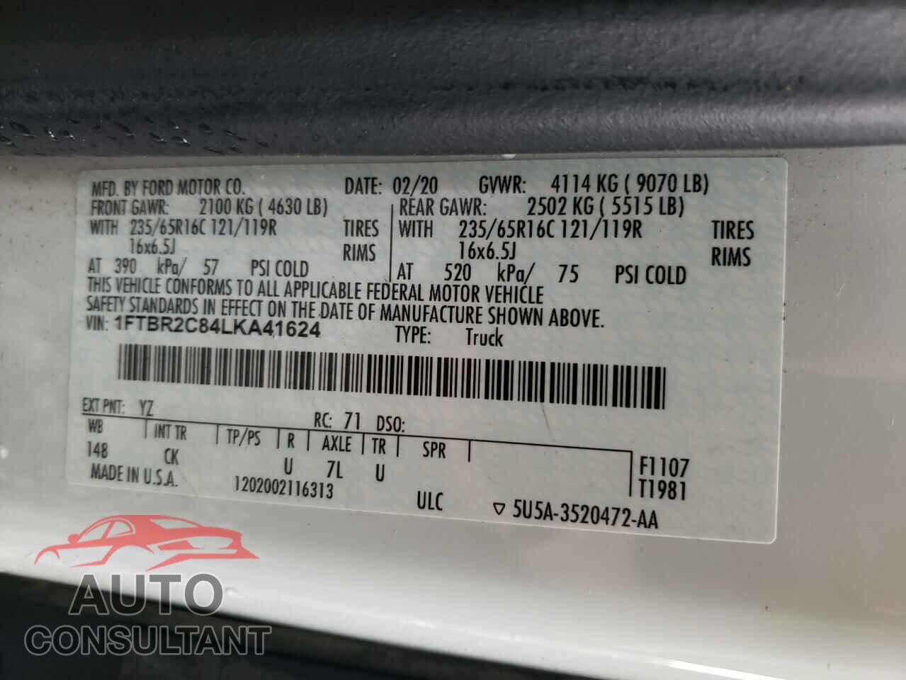 FORD TRANSIT 2020 - 1FTBR2C84LKA41624