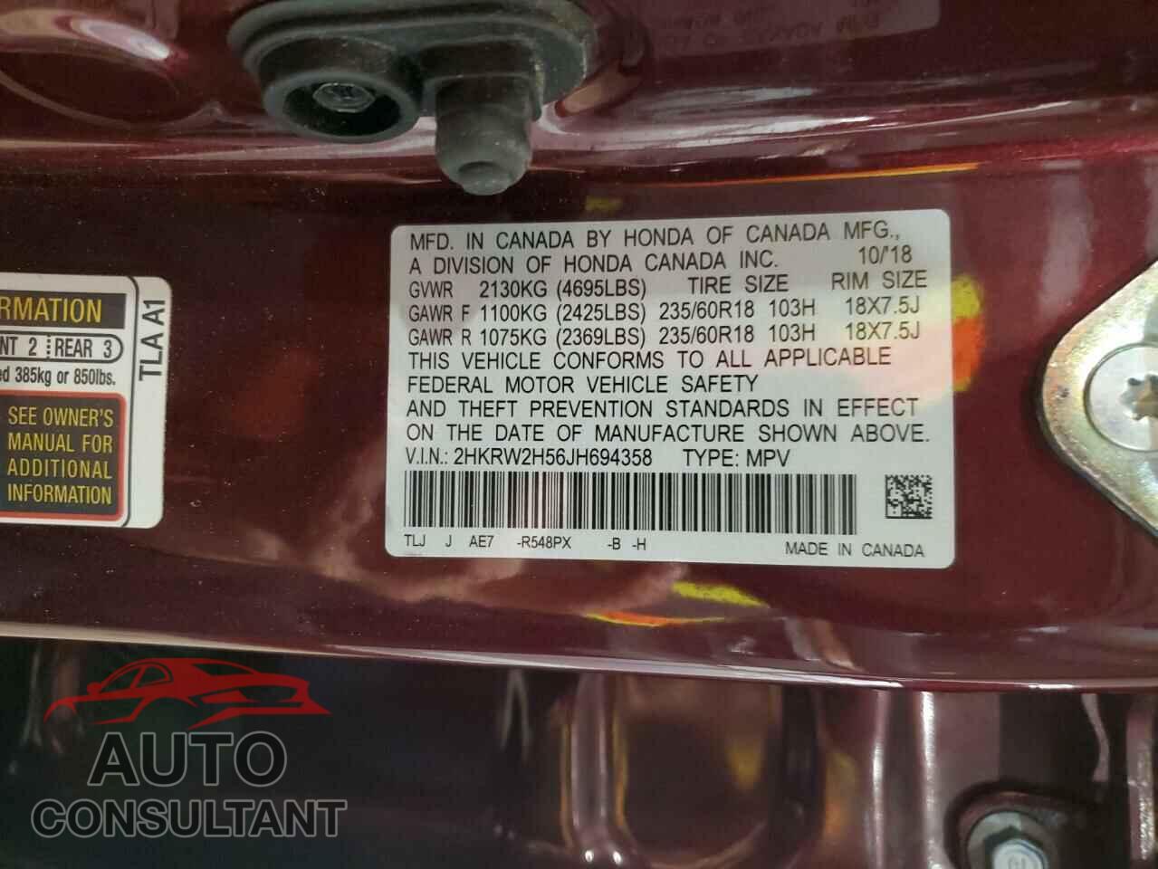 HONDA CRV 2018 - 2HKRW2H56JH694358