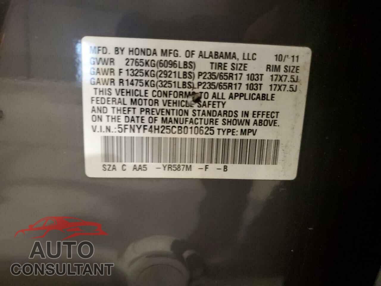 HONDA PILOT 2012 - 5FNYF4H25CB010625