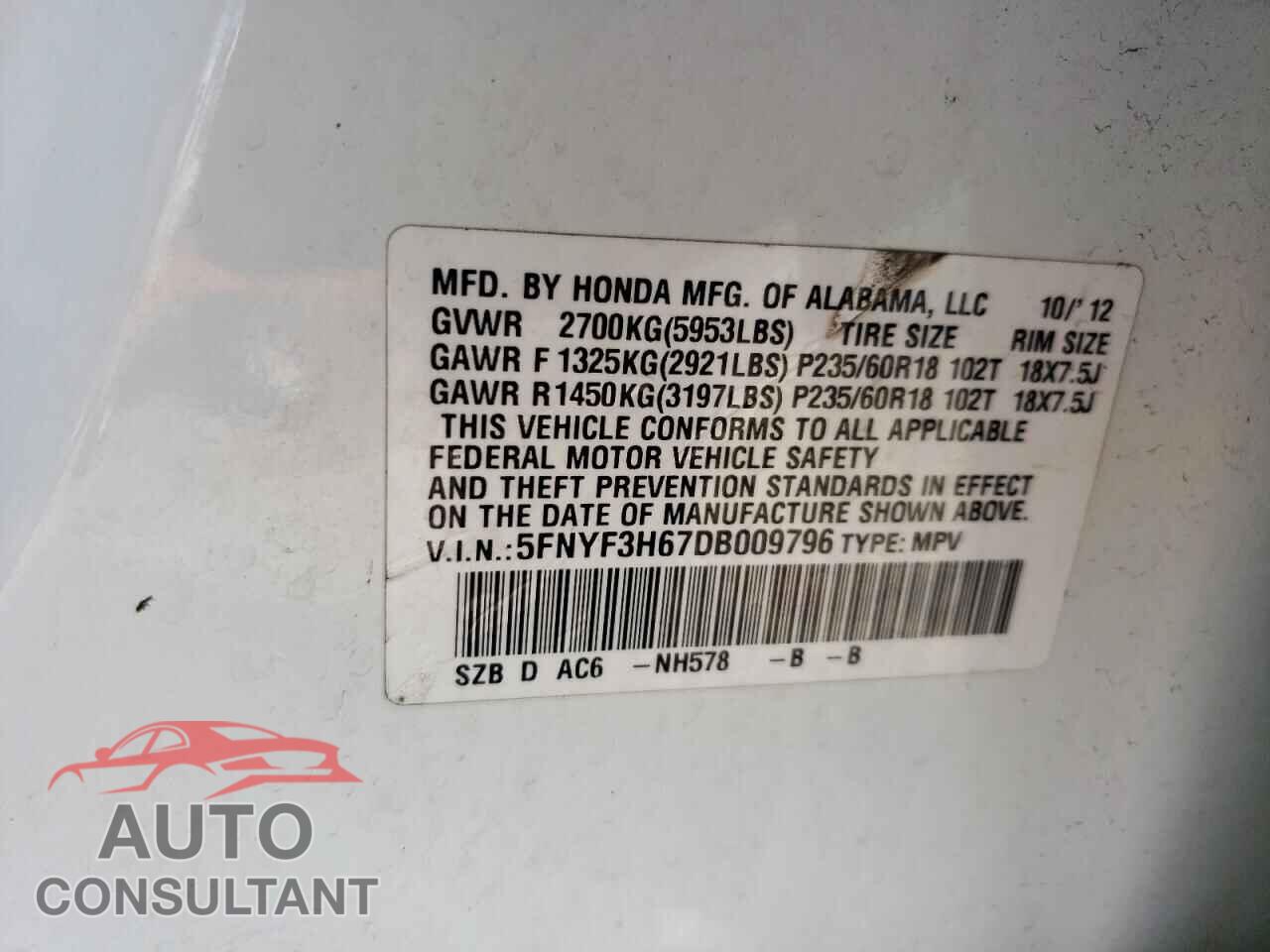 HONDA PILOT 2013 - 5FNYF3H67DB009796