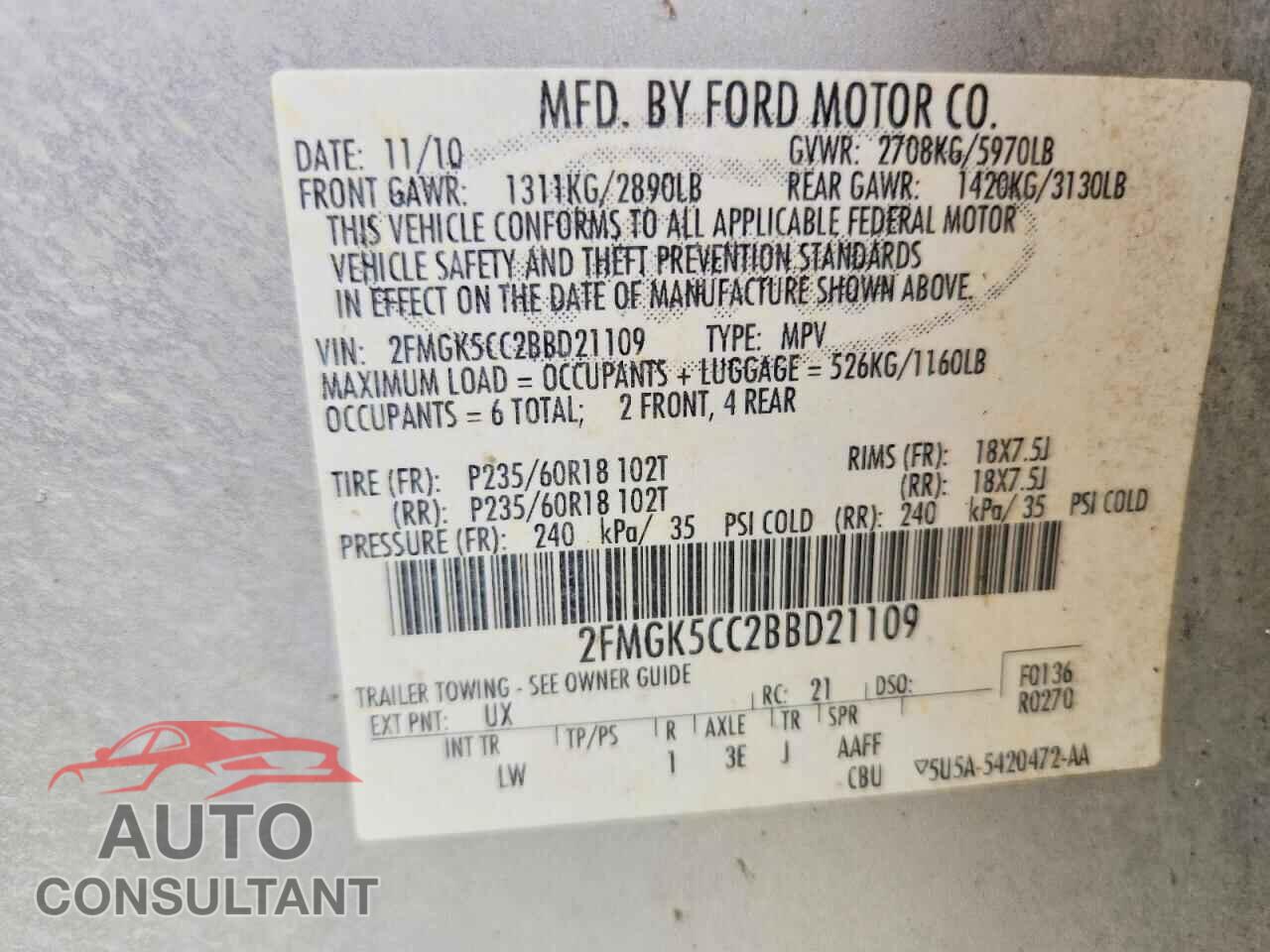 FORD FLEX 2011 - 2FMGK5CC2BBD21109