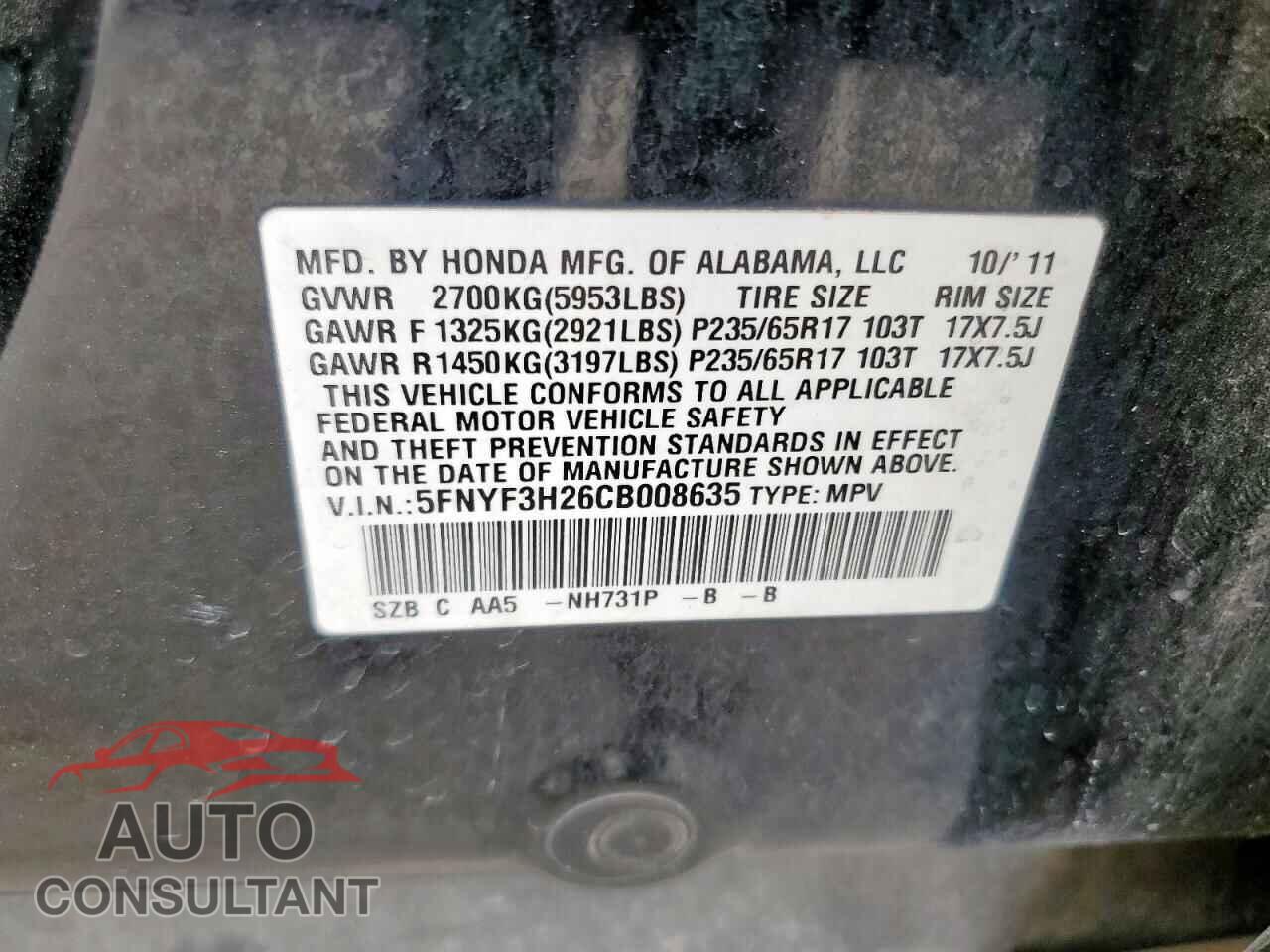HONDA PILOT 2012 - 5FNYF3H26CB008635