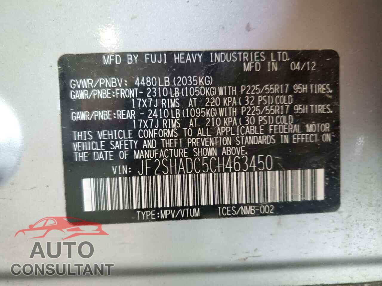 SUBARU FORESTER 2012 - JF2SHADC5CH463450