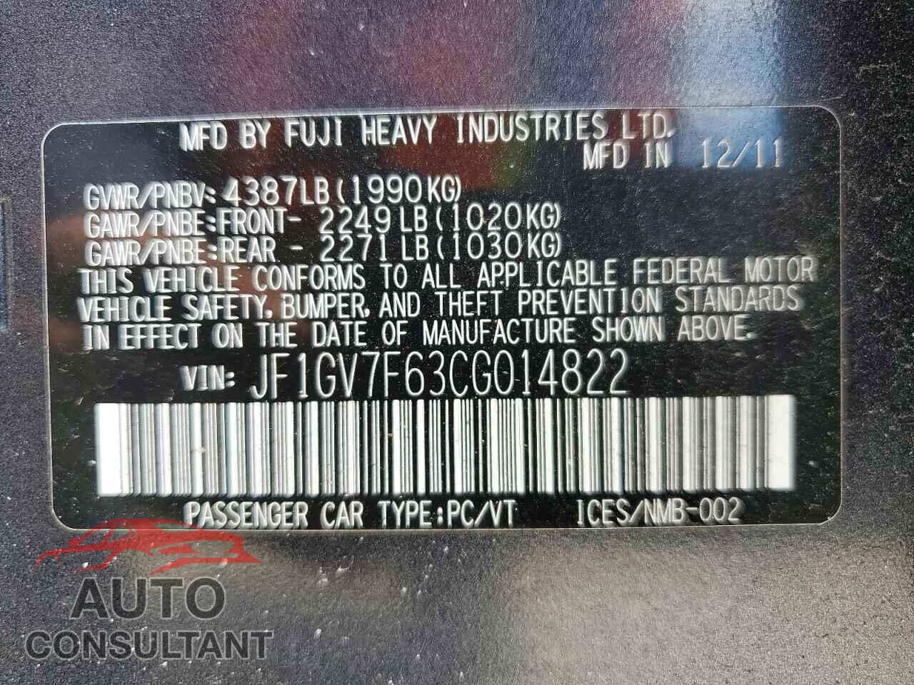 SUBARU WRX 2012 - JF1GV7F63CG014822