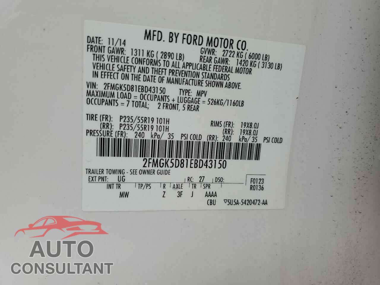 FORD FLEX 2014 - 2FMGK5D81EBD43150