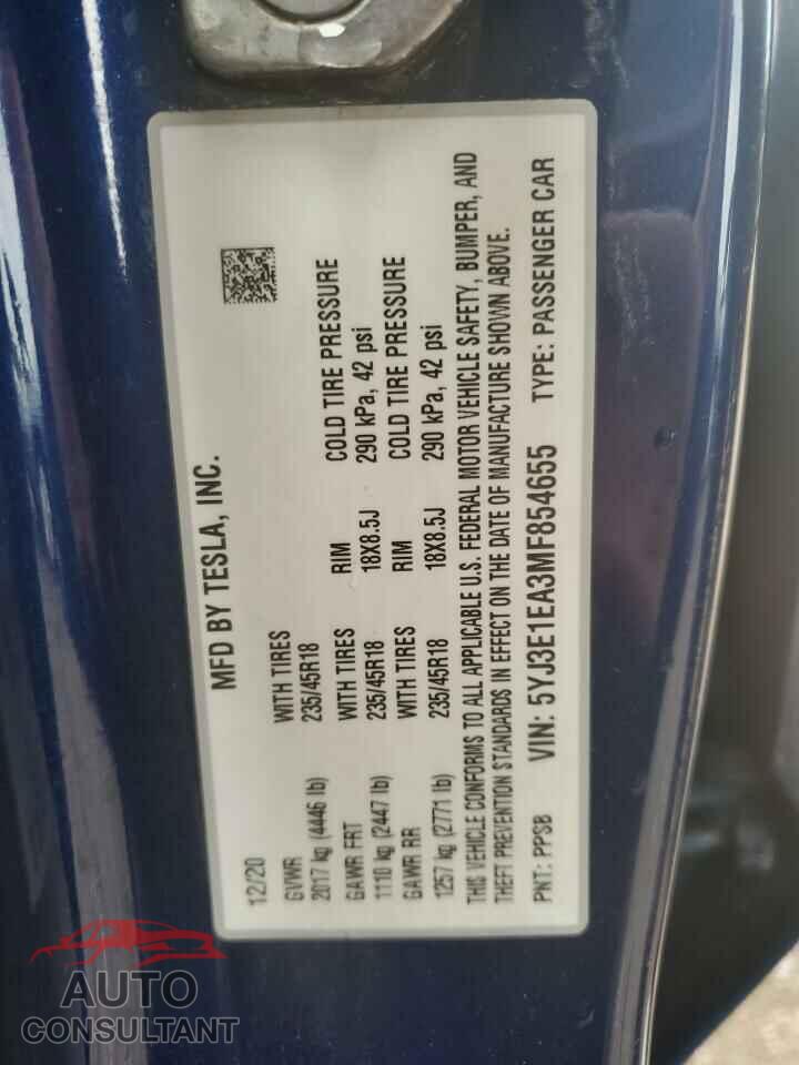 TESLA MODEL 3 2021 - 5YJ3E1EA3MF854655