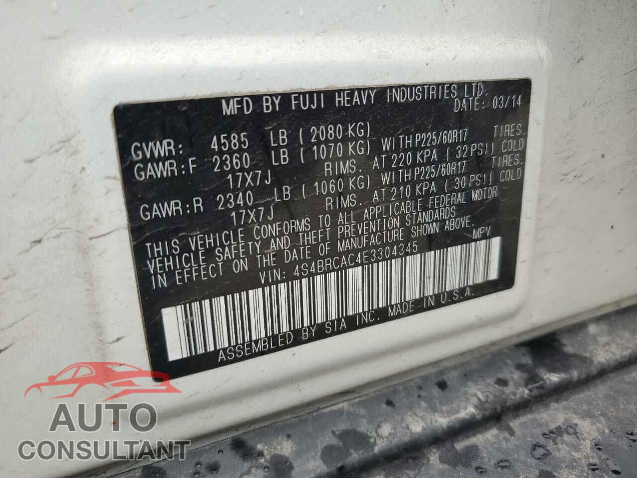 SUBARU OUTBACK 2014 - 4S4BRCAC4E3304345