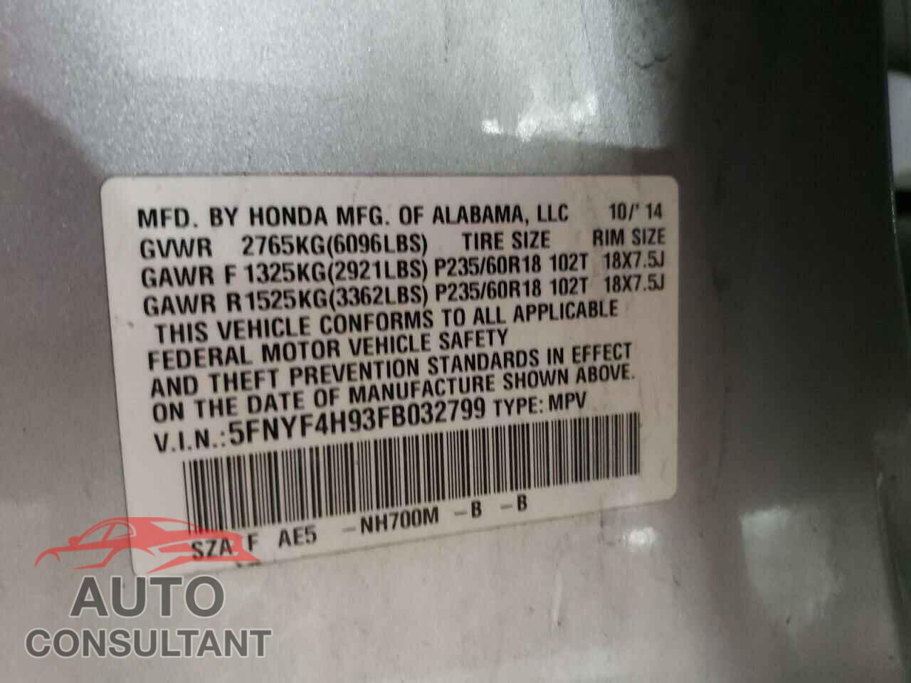 HONDA PILOT 2015 - 5FNYF4H93FB032799