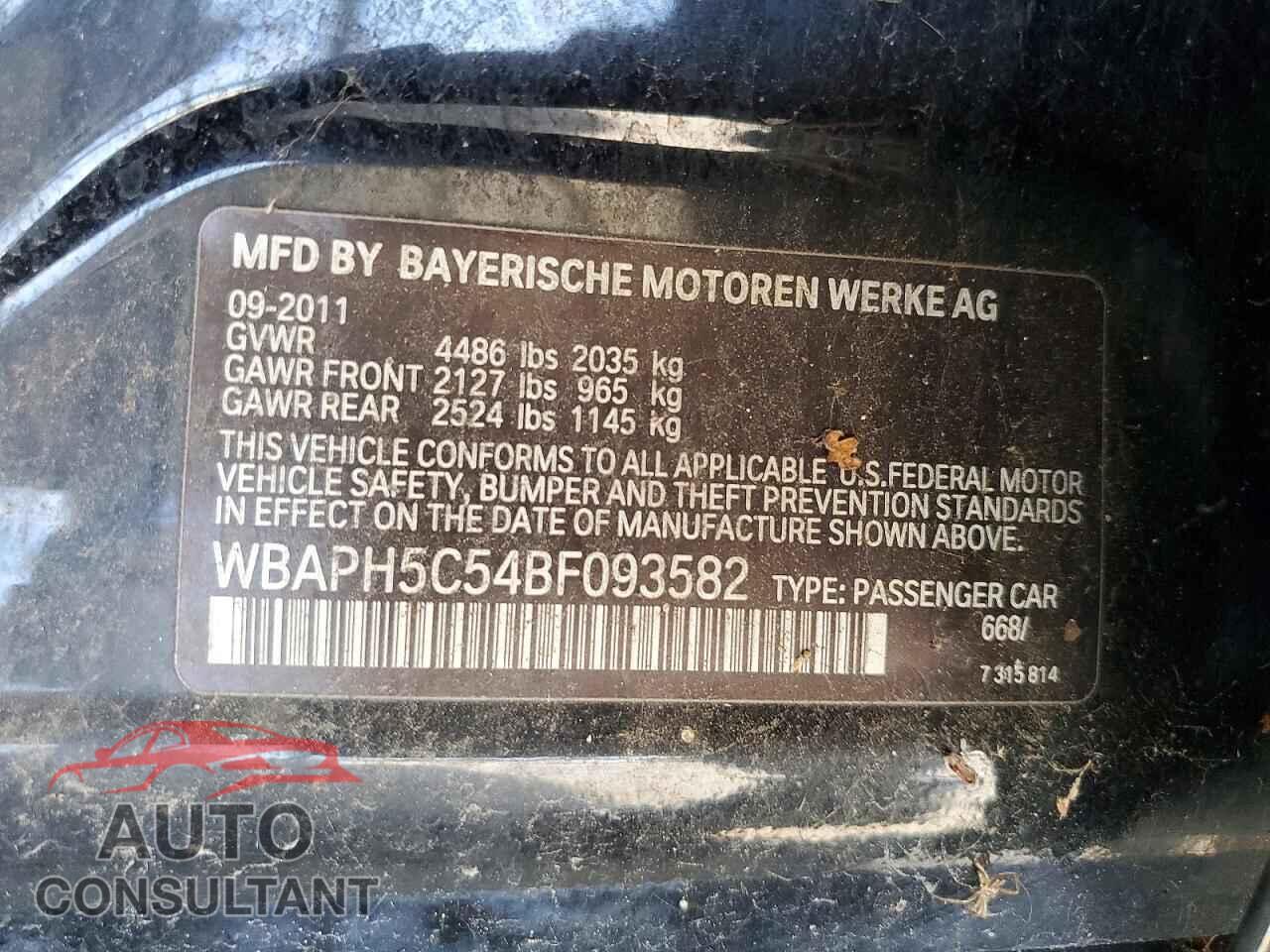 BMW 3 SERIES 2011 - WBAPH5C54BF093582