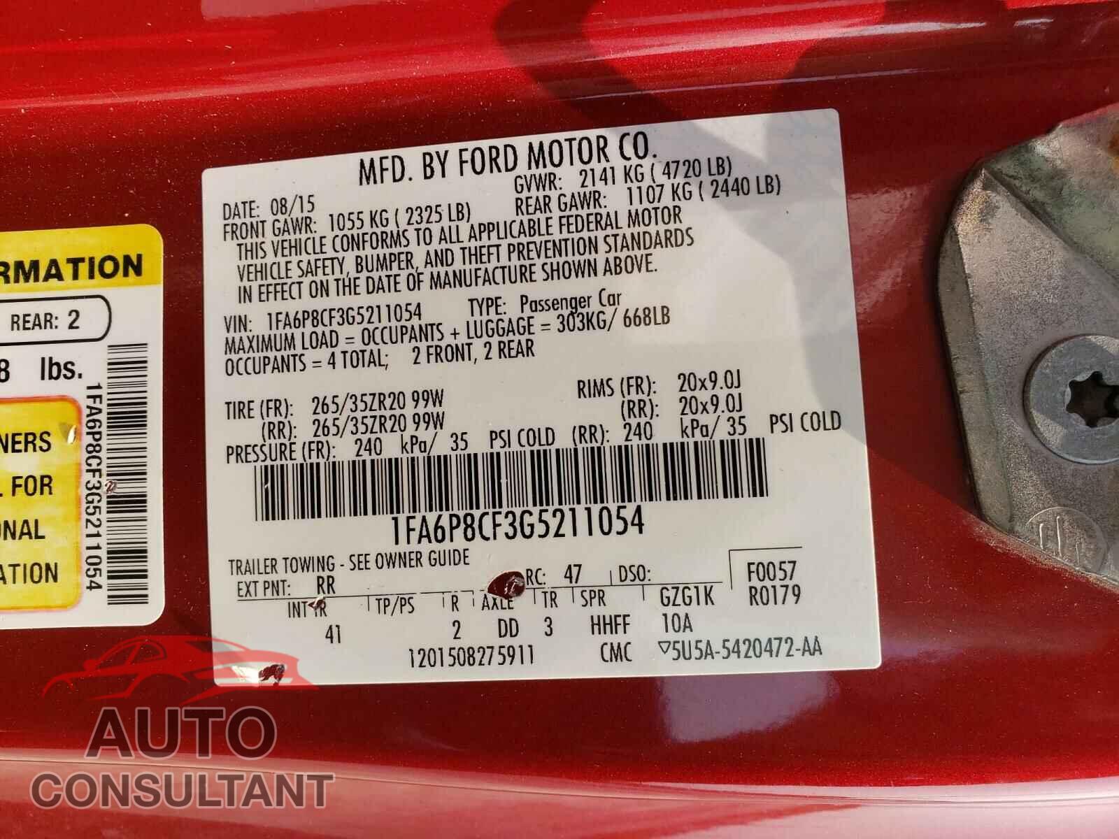 FORD MUSTANG 2016 - 1FA6P8CF3G5211054