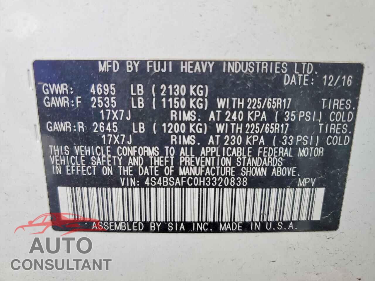 SUBARU OUTBACK 2017 - 4S4BSAFC0H3320838