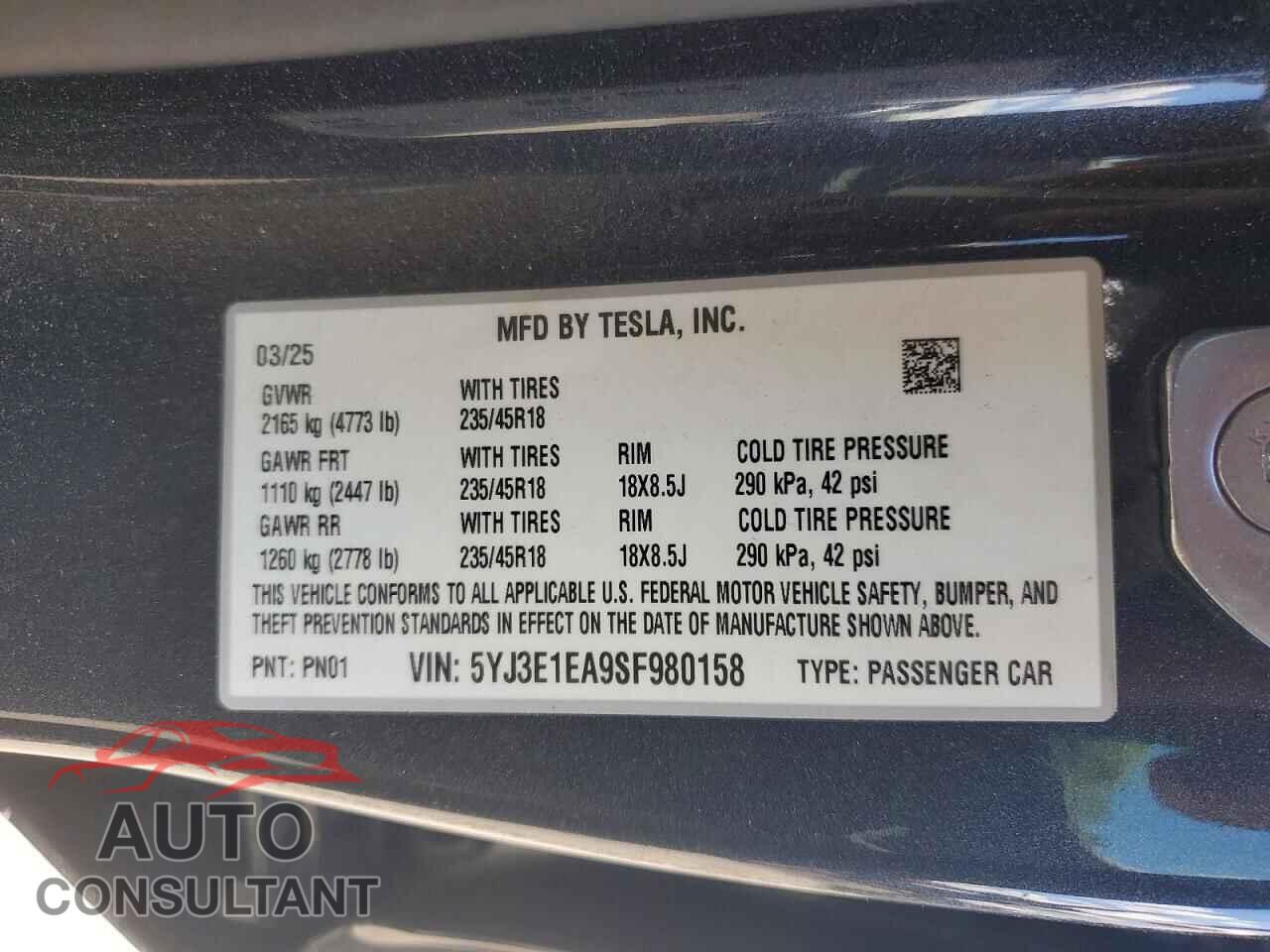 TESLA MODEL 3 2025 - 5YJ3E1EA9SF980158