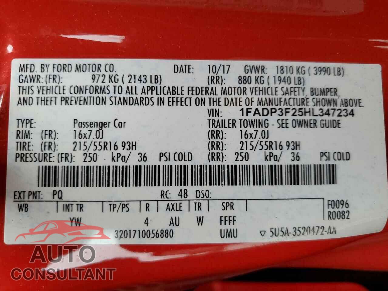 FORD FOCUS 2017 - 1FADP3F25HL347234