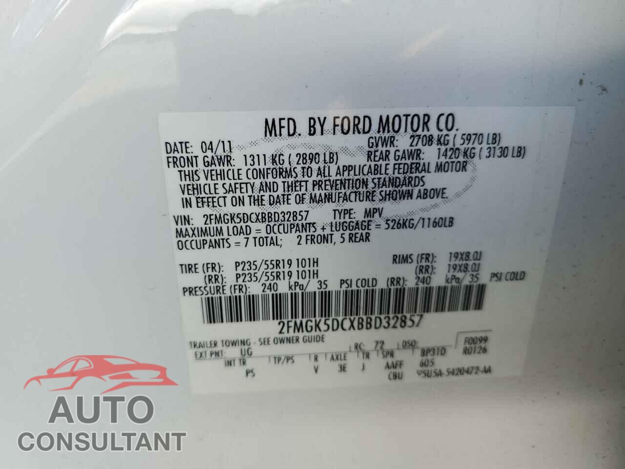 FORD FLEX 2011 - 2FMGK5DCXBBD32857