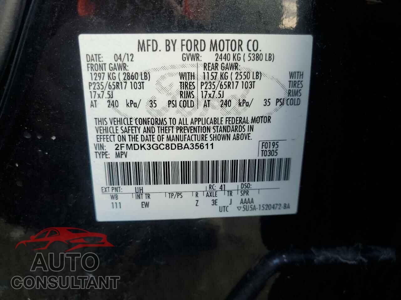FORD EDGE 2013 - 2FMDK3GC8DBA35611
