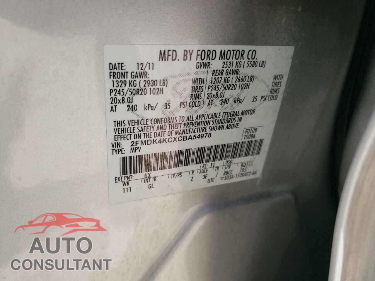 FORD EDGE 2012 - 2FMDK4KCXCBA54978