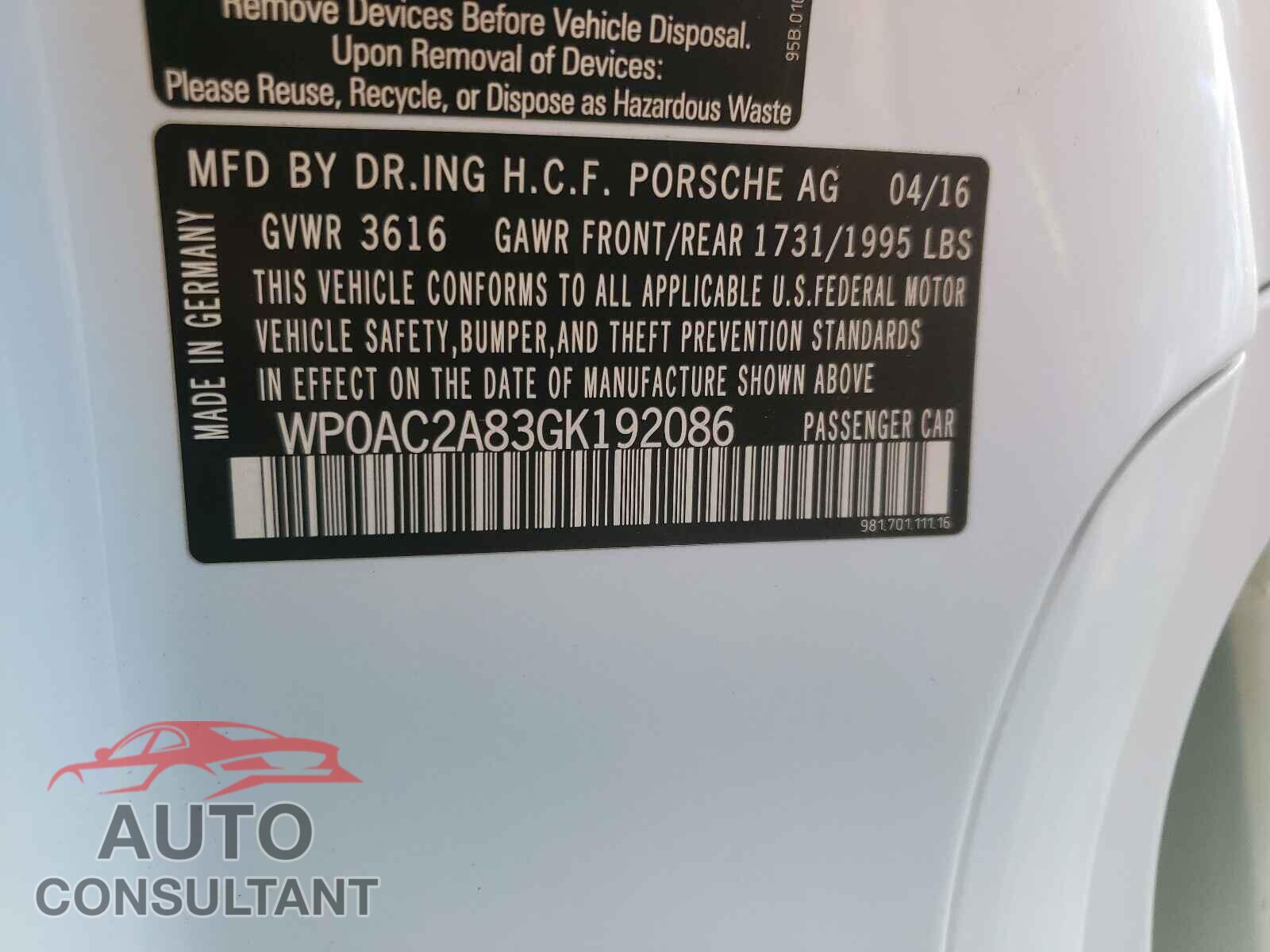 PORSCHE CAYMAN 2016 - WP0AC2A83GK192086