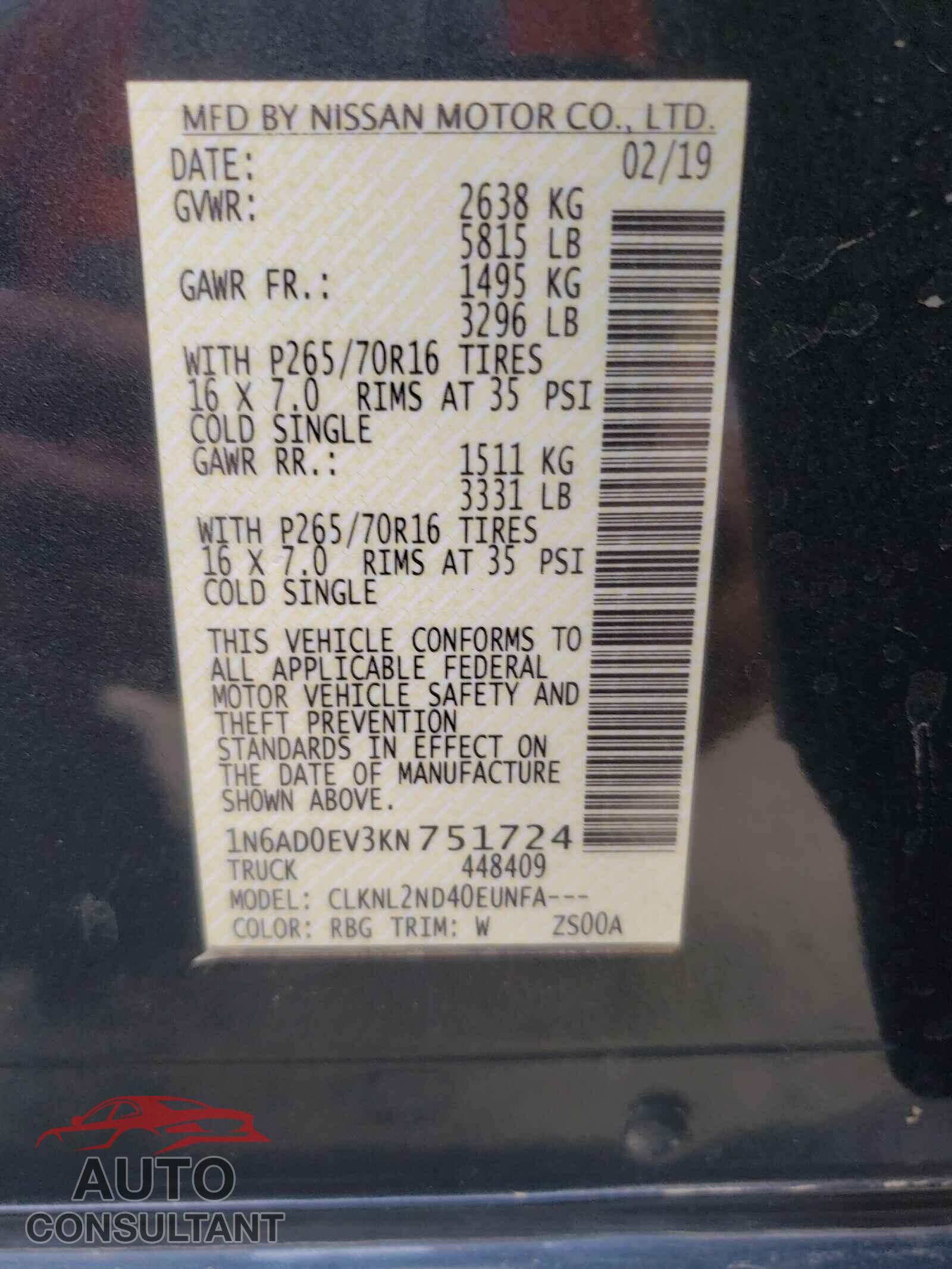 NISSAN FRONTIER 2019 - 1N6AD0EV3KN751724