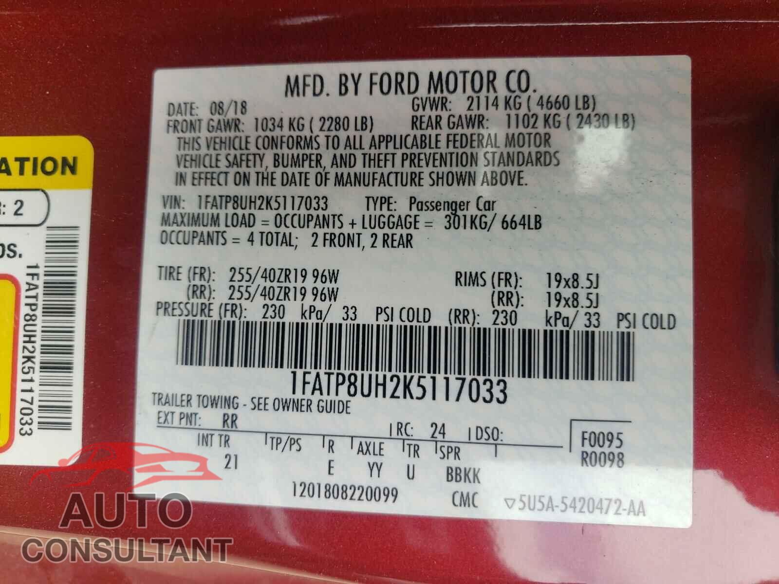 FORD MUSTANG 2019 - 1FATP8UH2K5117033