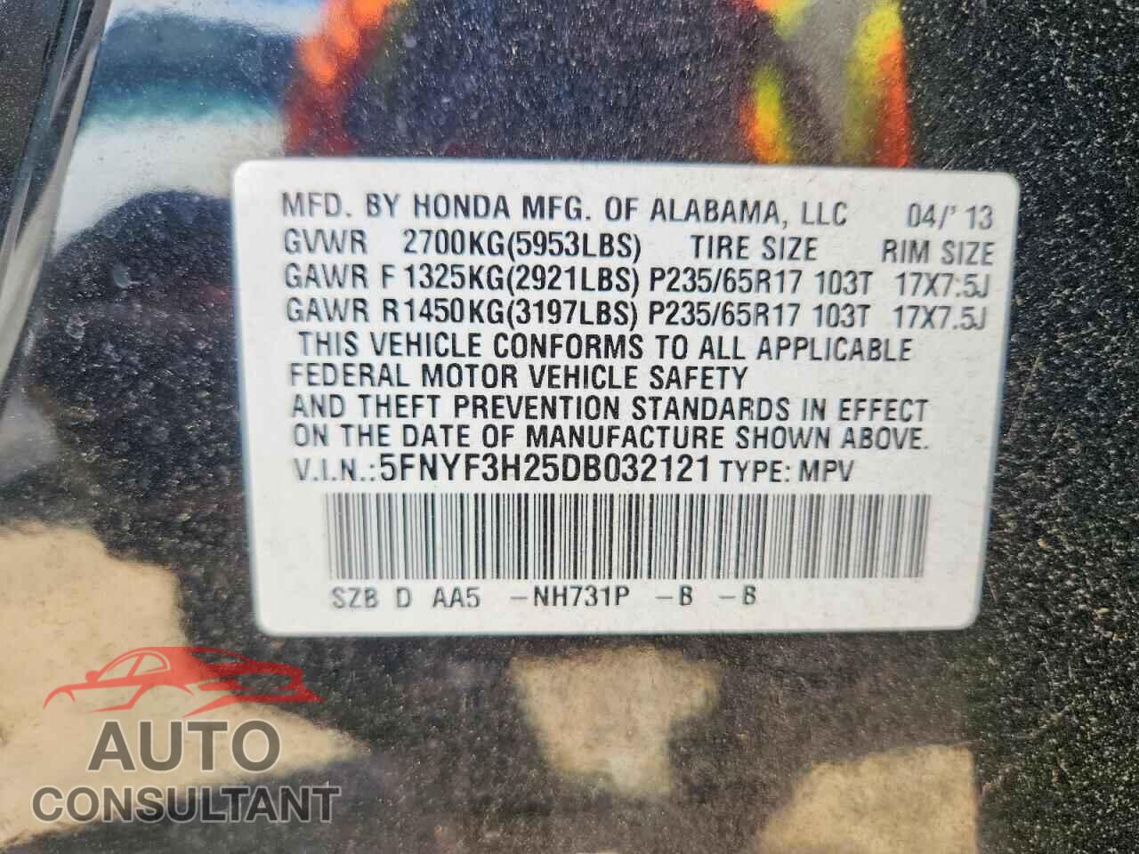 HONDA PILOT 2013 - 5FNYF3H25DB032121