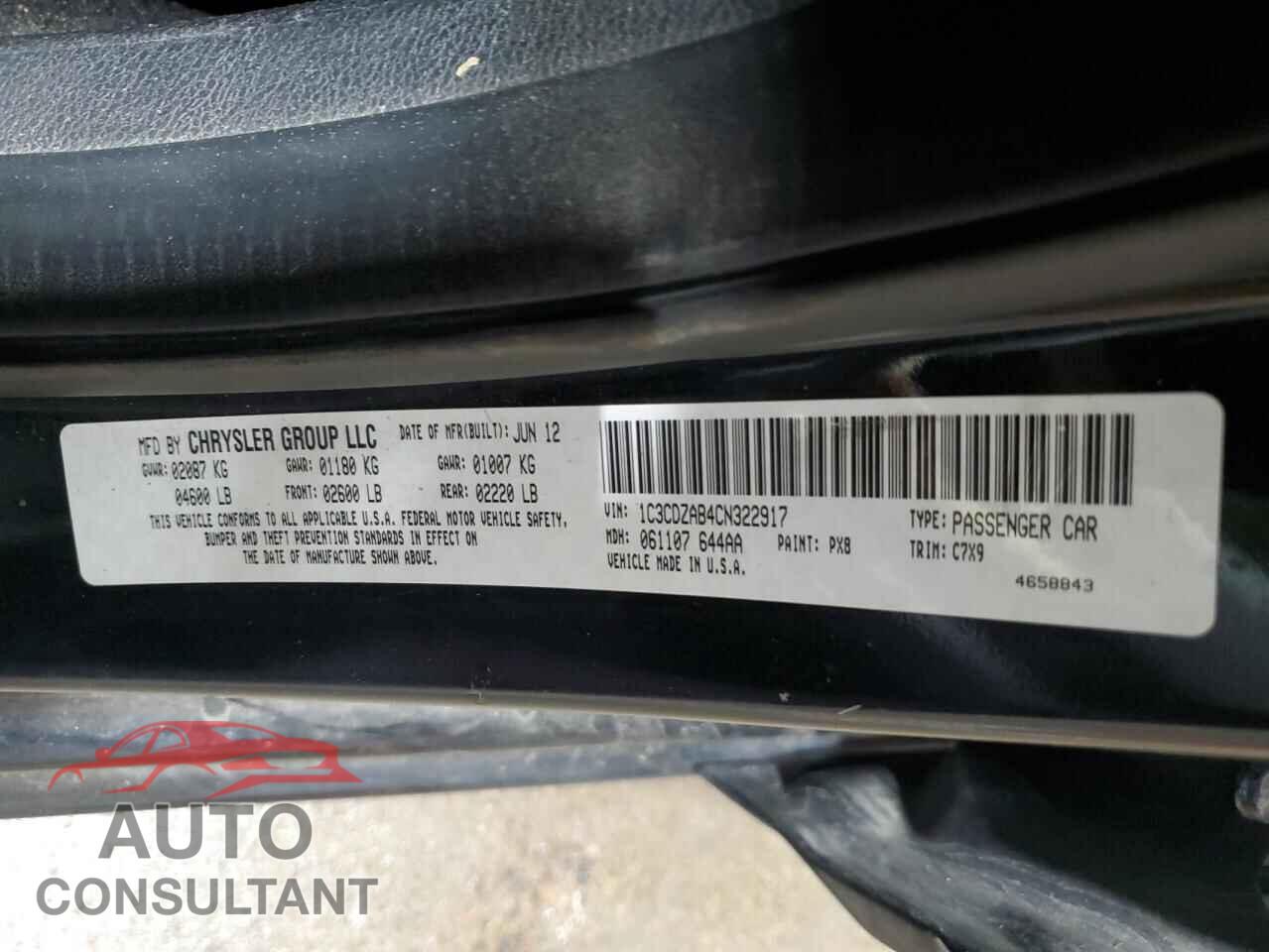 DODGE AVENGER 2012 - 1C3CDZAB4CN322917