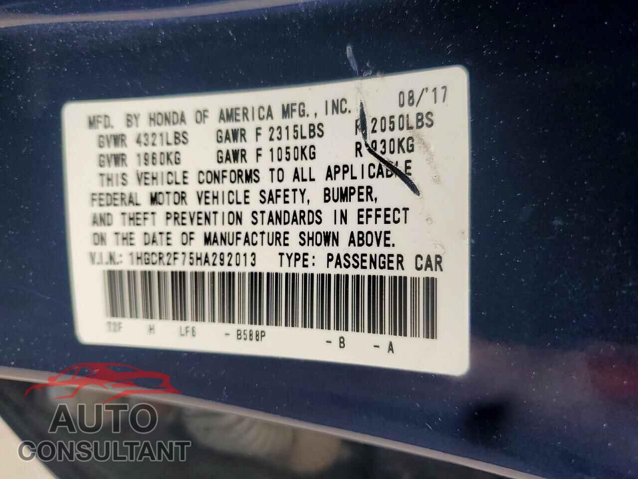 HONDA ACCORD 2017 - 1HGCR2F75HA292013