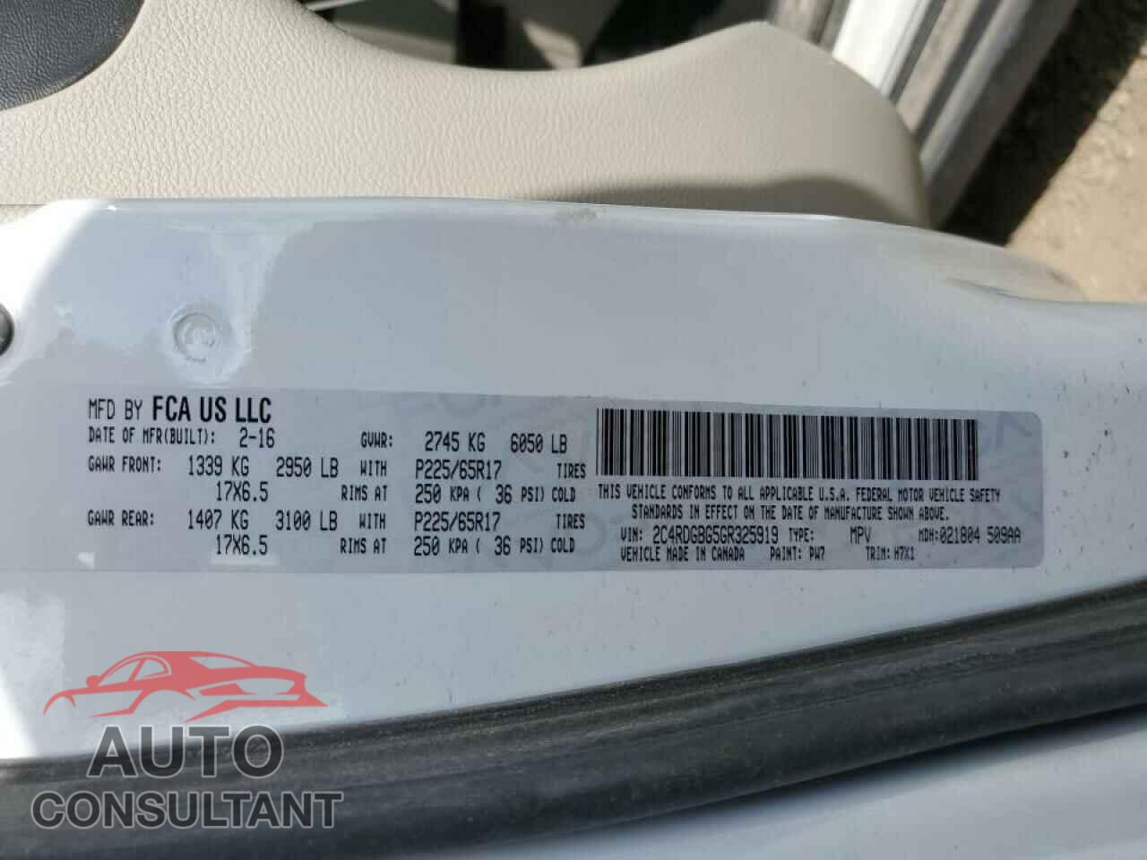 DODGE CARAVAN 2016 - 2C4RDGBG5GR325919