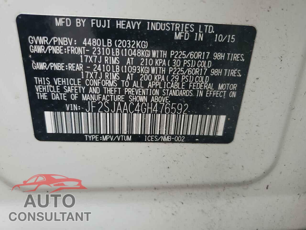 SUBARU FORESTER 2016 - JF2SJAAC4GH476592