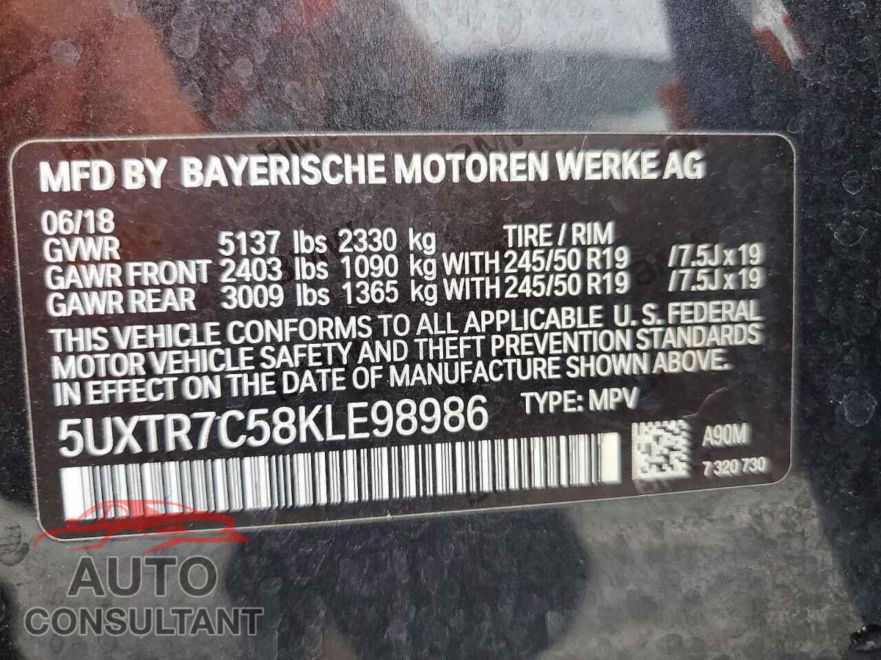 BMW X3 2019 - 5UXTR7C58KLE98986