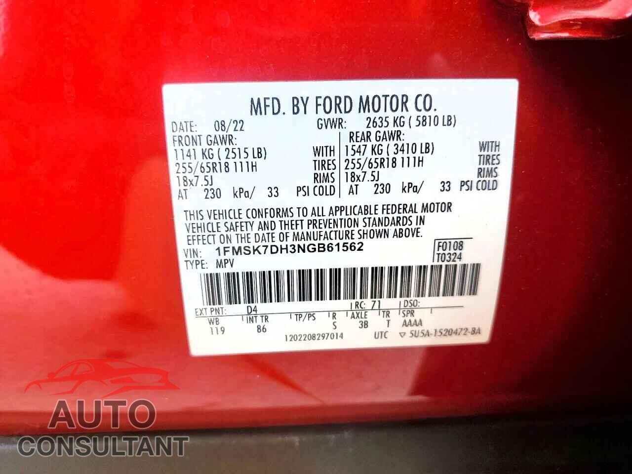 FORD EXPLORER 2022 - 1FMSK7DH3NGB61562