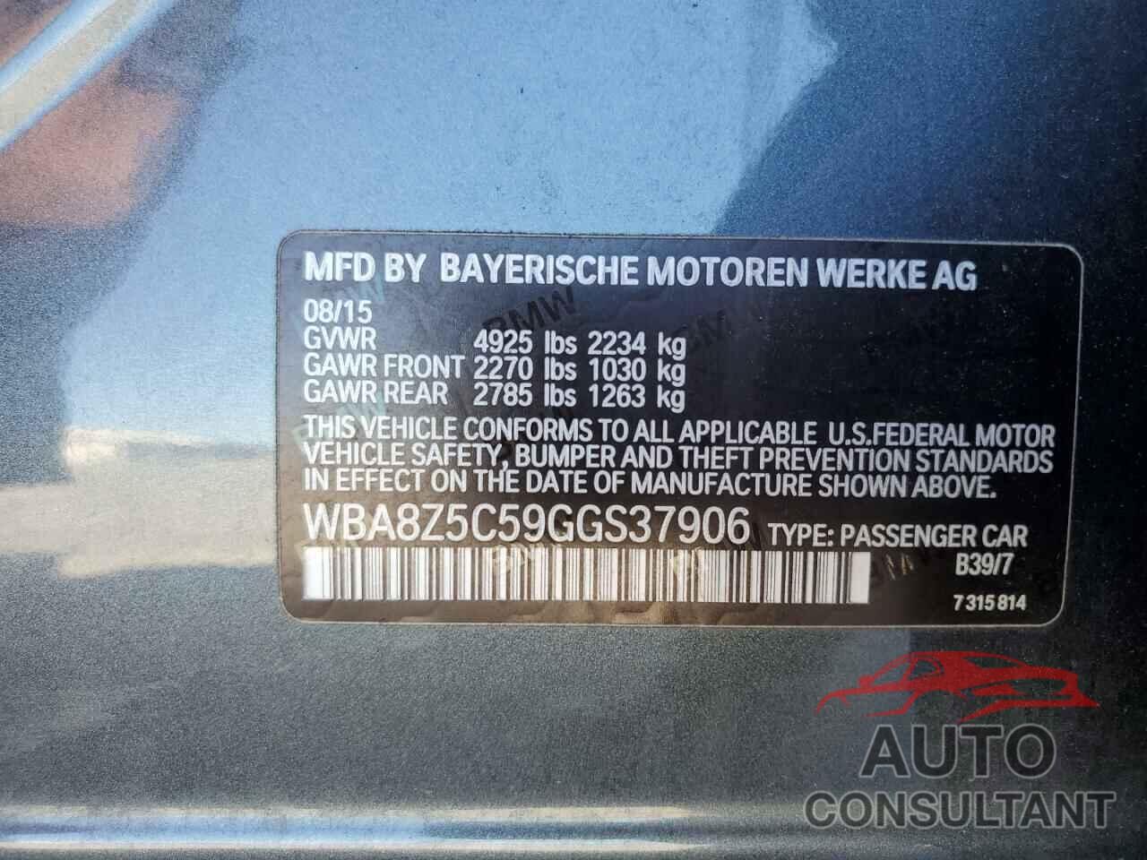 BMW 3 SERIES 2016 - WBA8Z5C59GGS37906