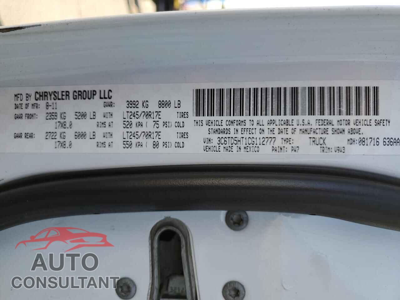 DODGE RAM 2500 2012 - 3C6TD5HT1CG112777
