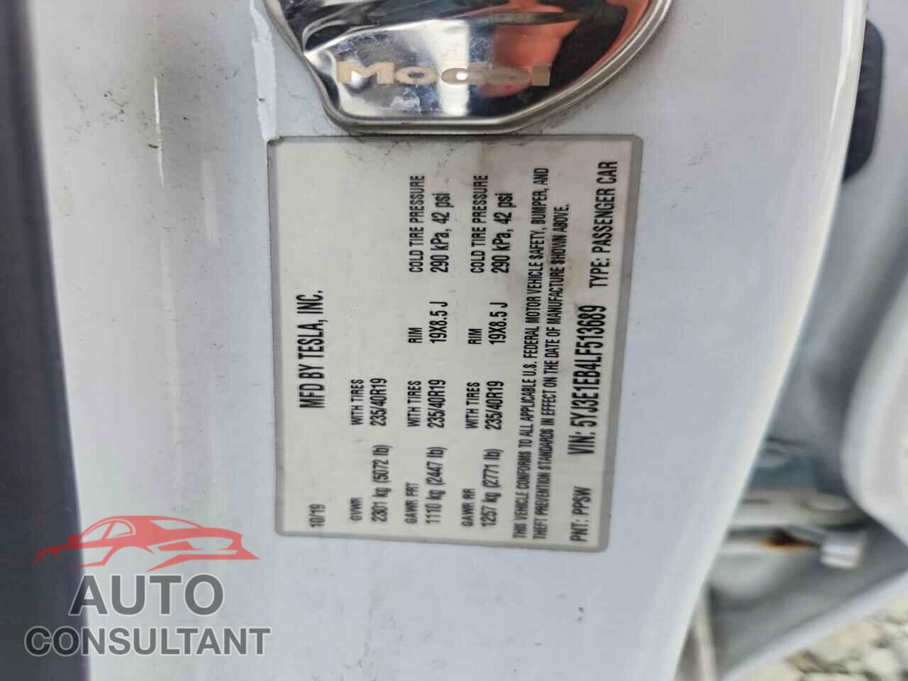 TESLA MODEL 3 2020 - 5YJ3E1EB4LF513689