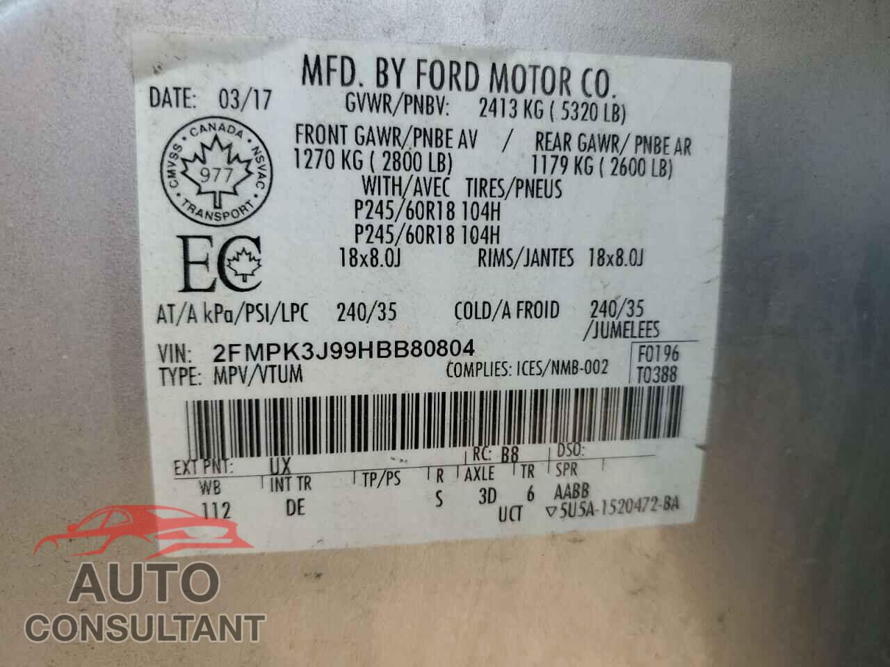 FORD EDGE 2017 - 2FMPK3J99HBB80804