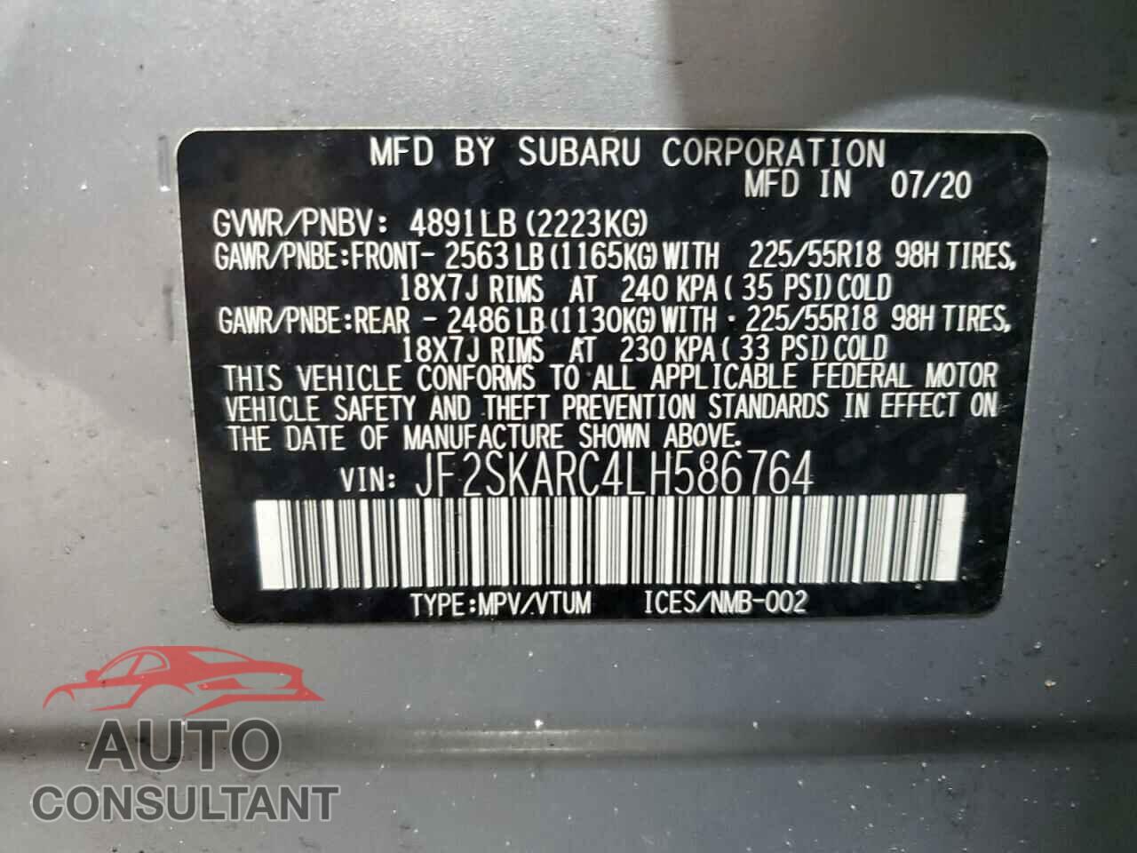 SUBARU FORESTER 2020 - JF2SKARC4LH586764