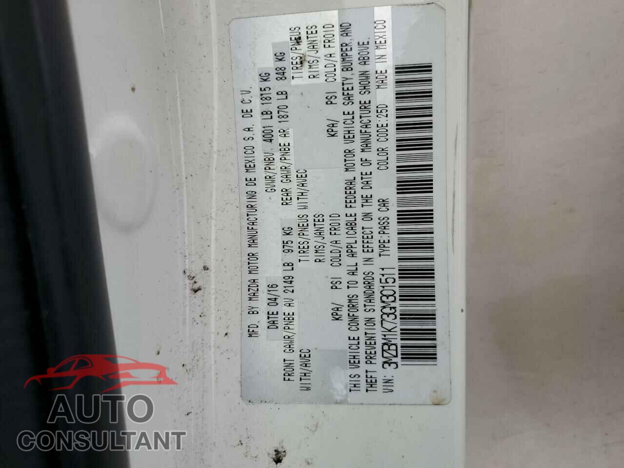 MAZDA 3 2016 - 3MZBM1K73GM301511