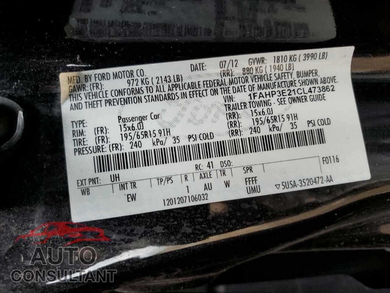 FORD FOCUS 2012 - 1FAHP3E21CL473862
