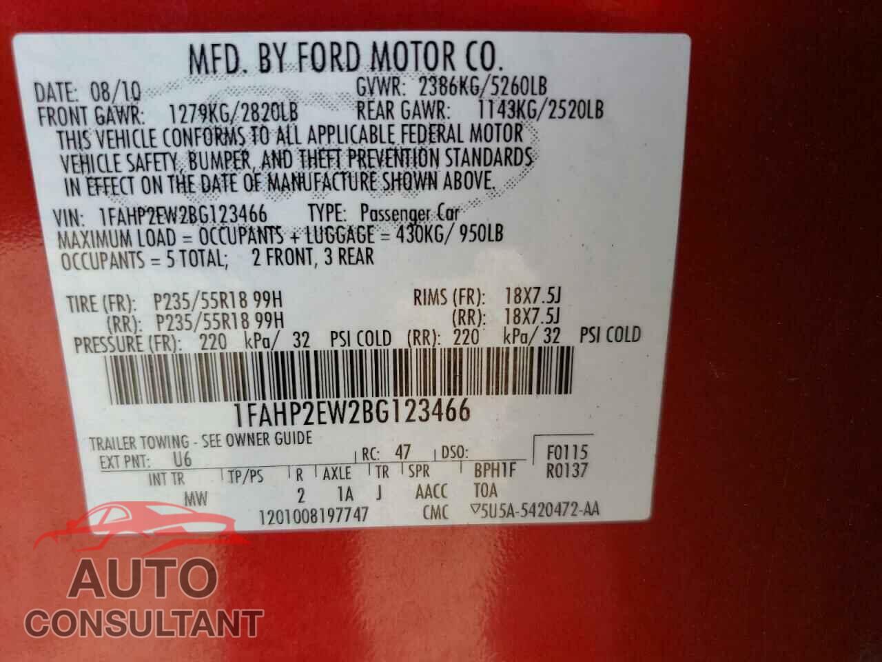 FORD TAURUS 2011 - 1FAHP2EW2BG123466