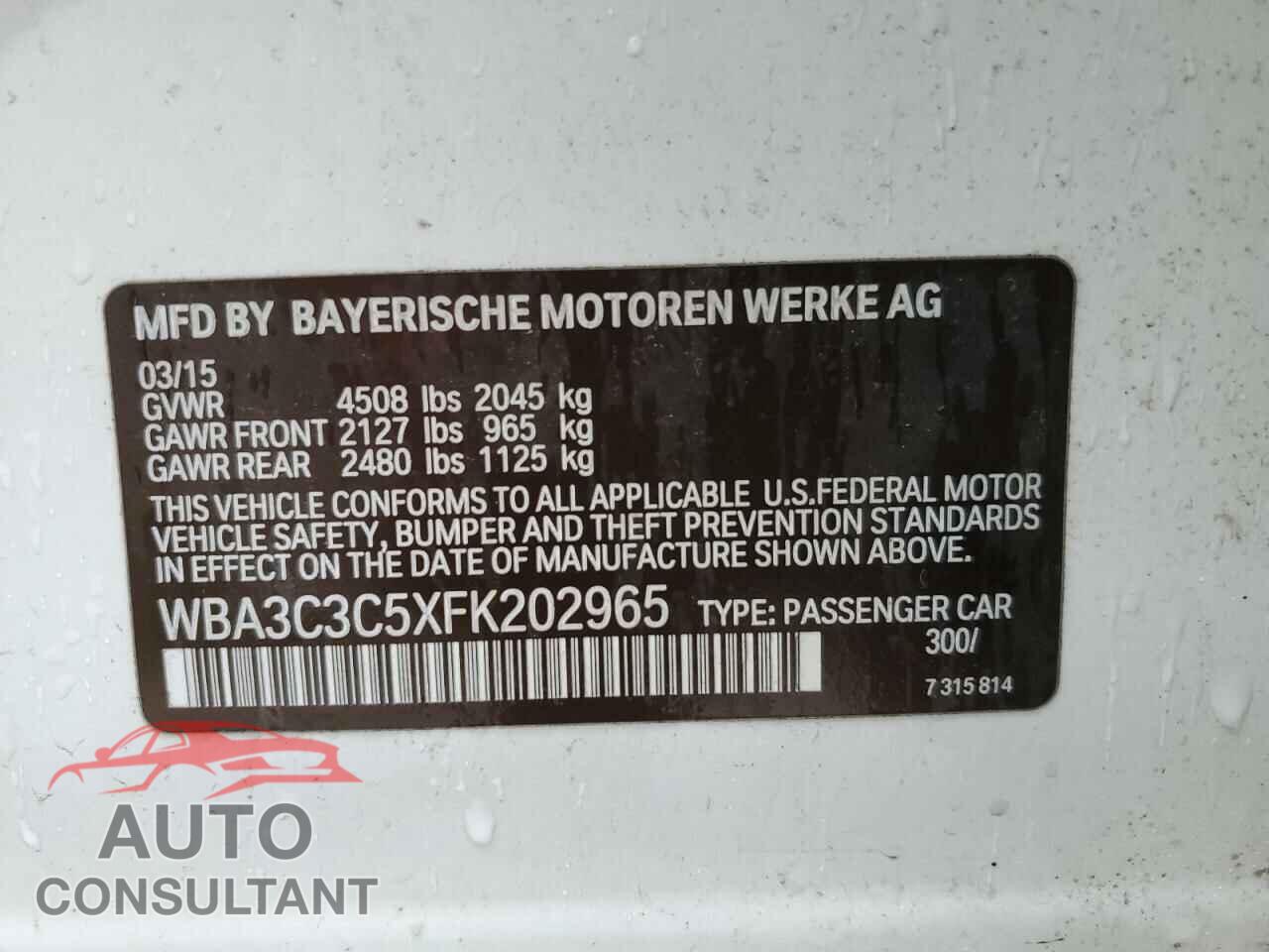 BMW 3 SERIES 2015 - WBA3C3C5XFK202965