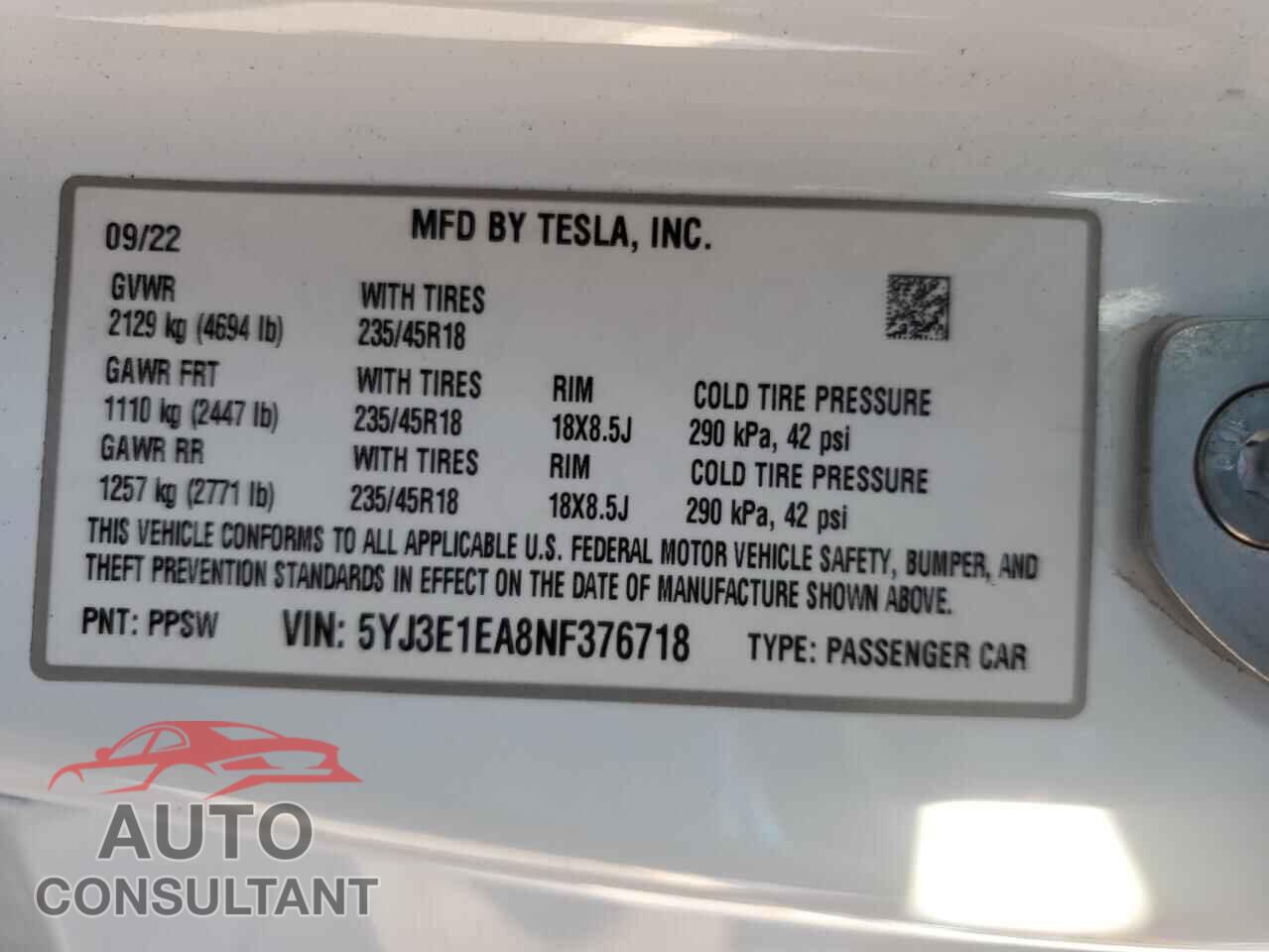 TESLA MODEL 3 2022 - 5YJ3E1EA8NF376718