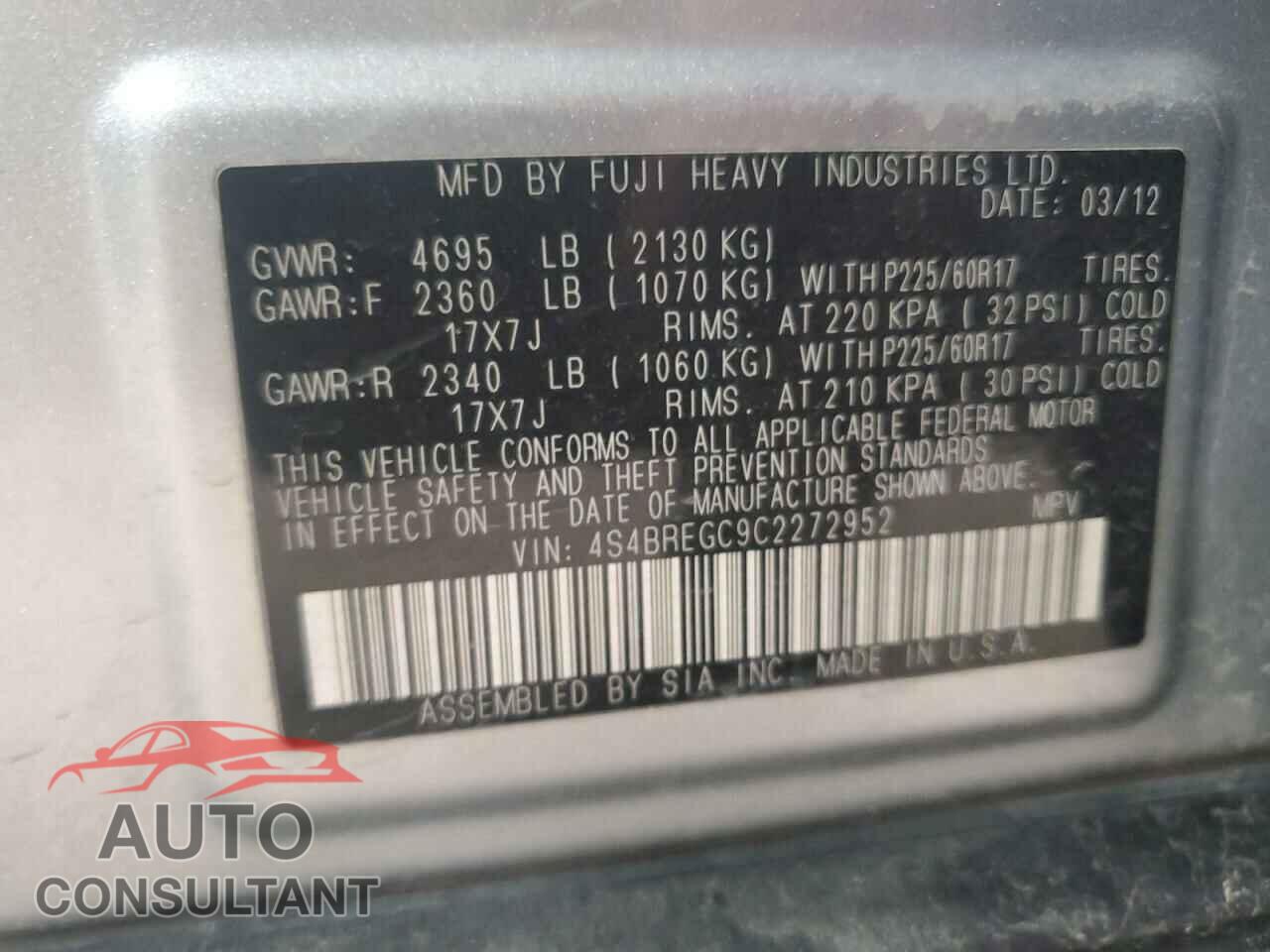 SUBARU OUTBACK 2012 - 4S4BREGC9C2272952