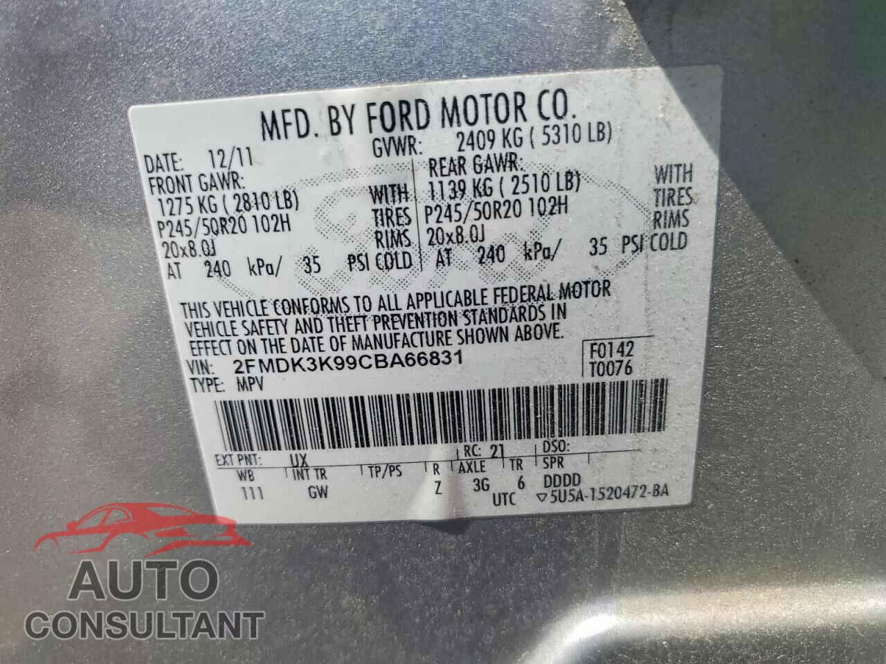 FORD EDGE 2012 - 2FMDK3K99CBA66831