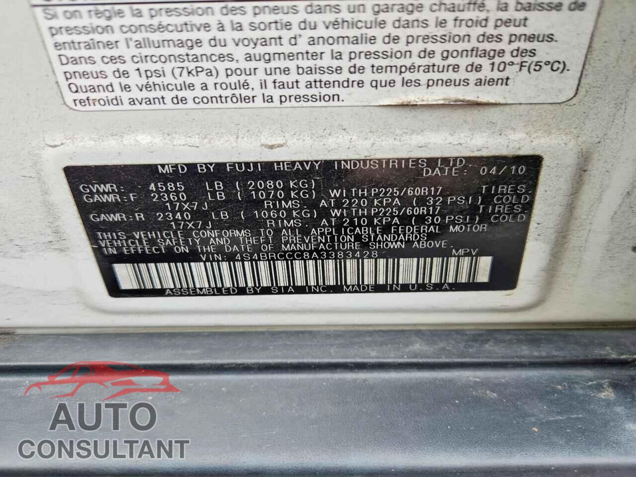 SUBARU OUTBACK 2010 - 4S4BRCCC8A3383428